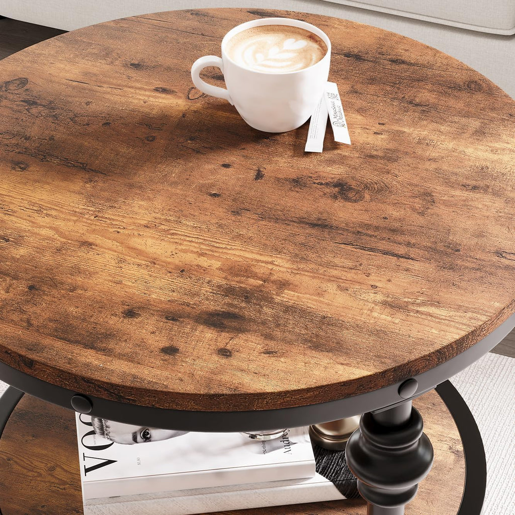 GarveeHome Round End Table with Storage Shelves, 3-Tier Round Farmhouse Side Table w/Mental Support Legs, Rustic End Table Accent Nighstands for Living Room Bedroom (A, Rustic Brown)