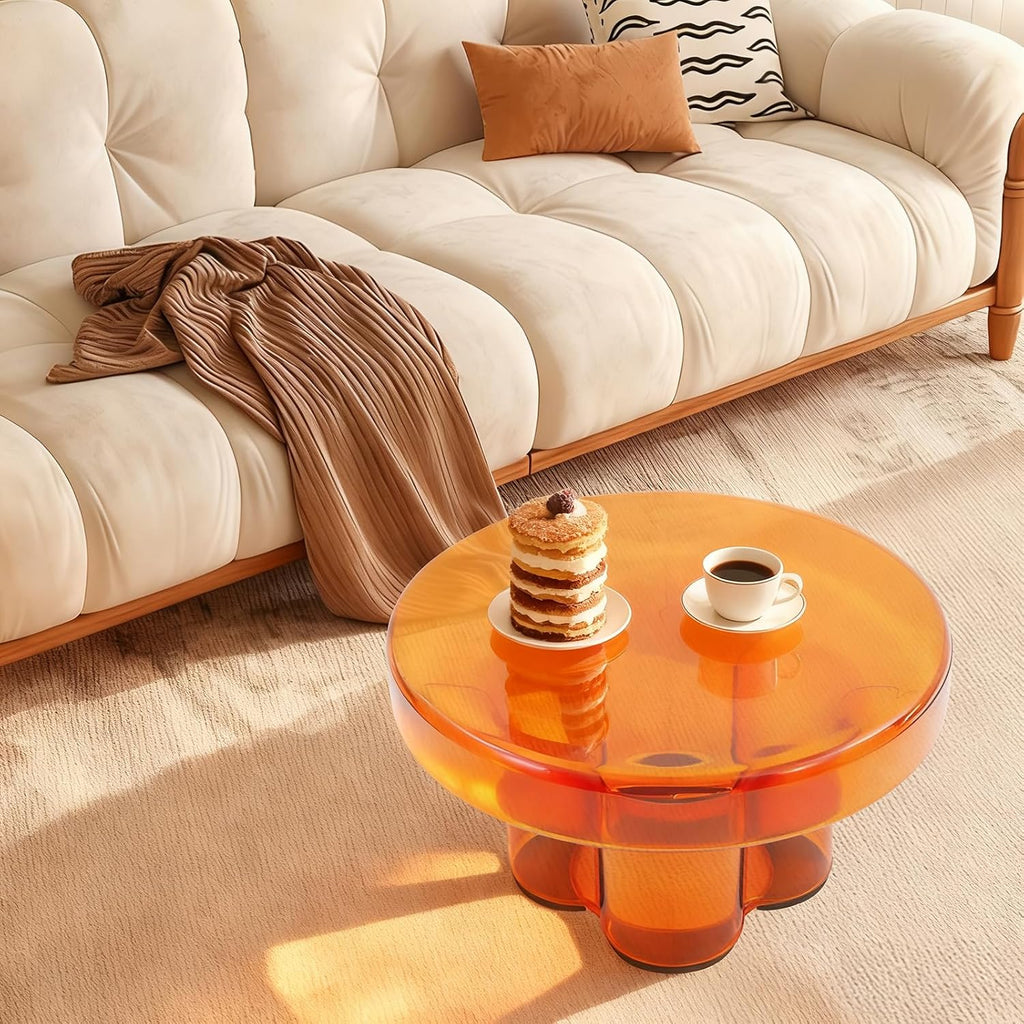 Coffee Table, Round Glass Side Table with Unique Petal Design Pedestal, Simple Center Tables, Modern End Tables with Tempered Glass-Base and Top for Small Spaces