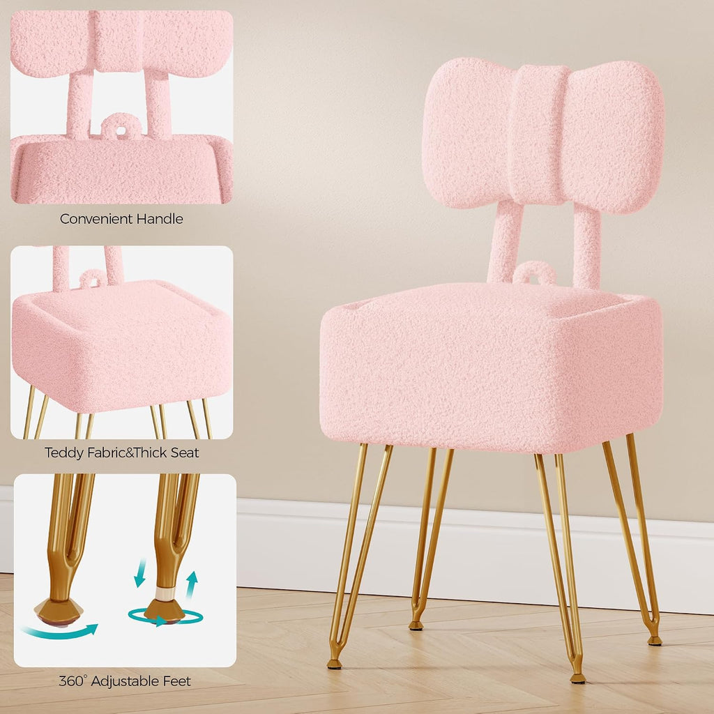 Small Vanity Stool Chair with Storage and Foldable Back, Pink | Soft Storage Ottoman, Footrest Stool, Teddy Fleece Vanity Stool for Makeup, Bedroom, Living Room