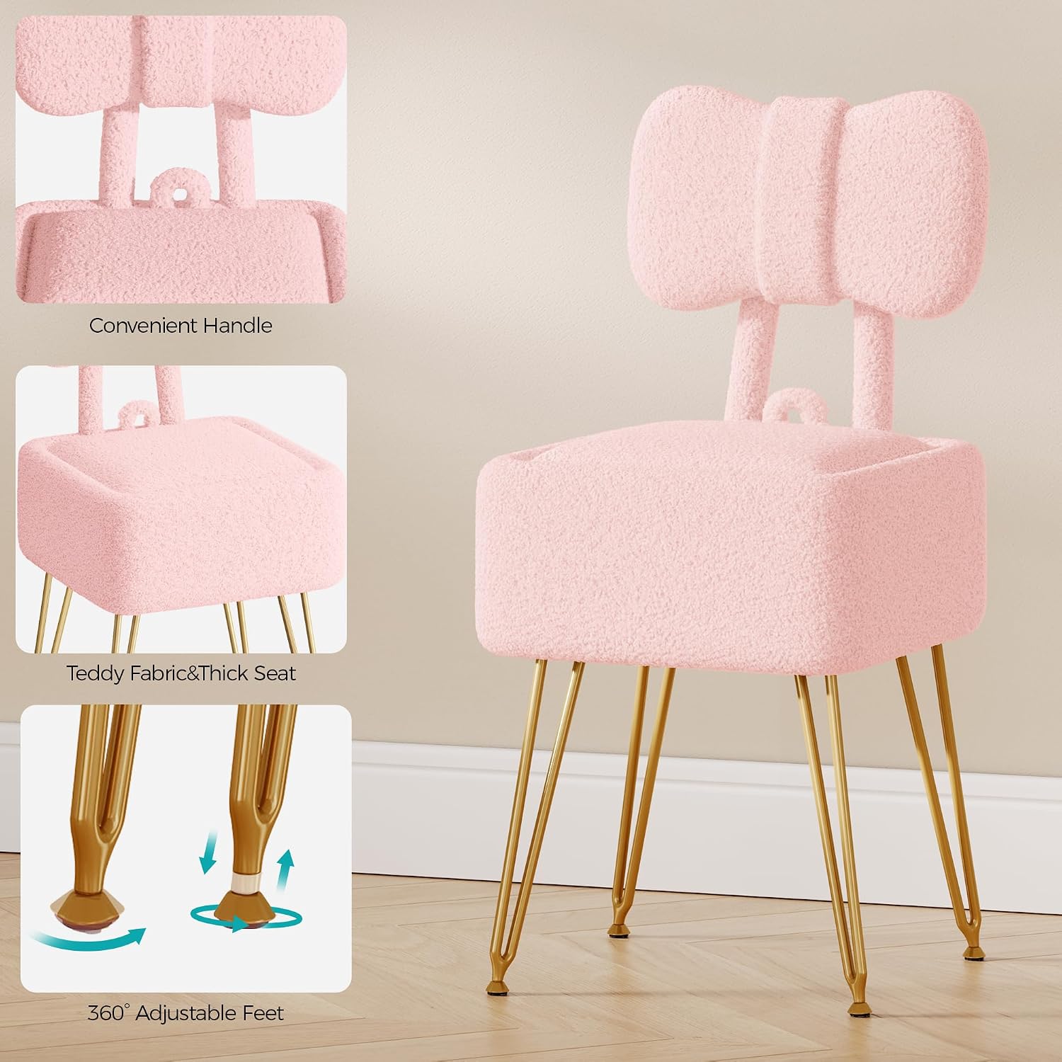 Small Vanity Stool Chair with Storage and Foldable Back, Pink | Soft Storage Ottoman, Footrest Stool, Teddy Fleece Vanity Stool for Makeup, Bedroom, Living Room