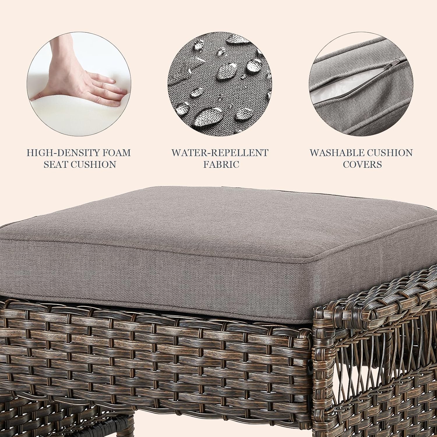 Patio Ottomans 2 Piece Outdoor Wicker Ottomans PE Rattan Footrest with Thickened Cushions Footstools for Garden Sunroom Deck Porch Balcony Poolside, Ottomans(2PCS), Brown|Grey