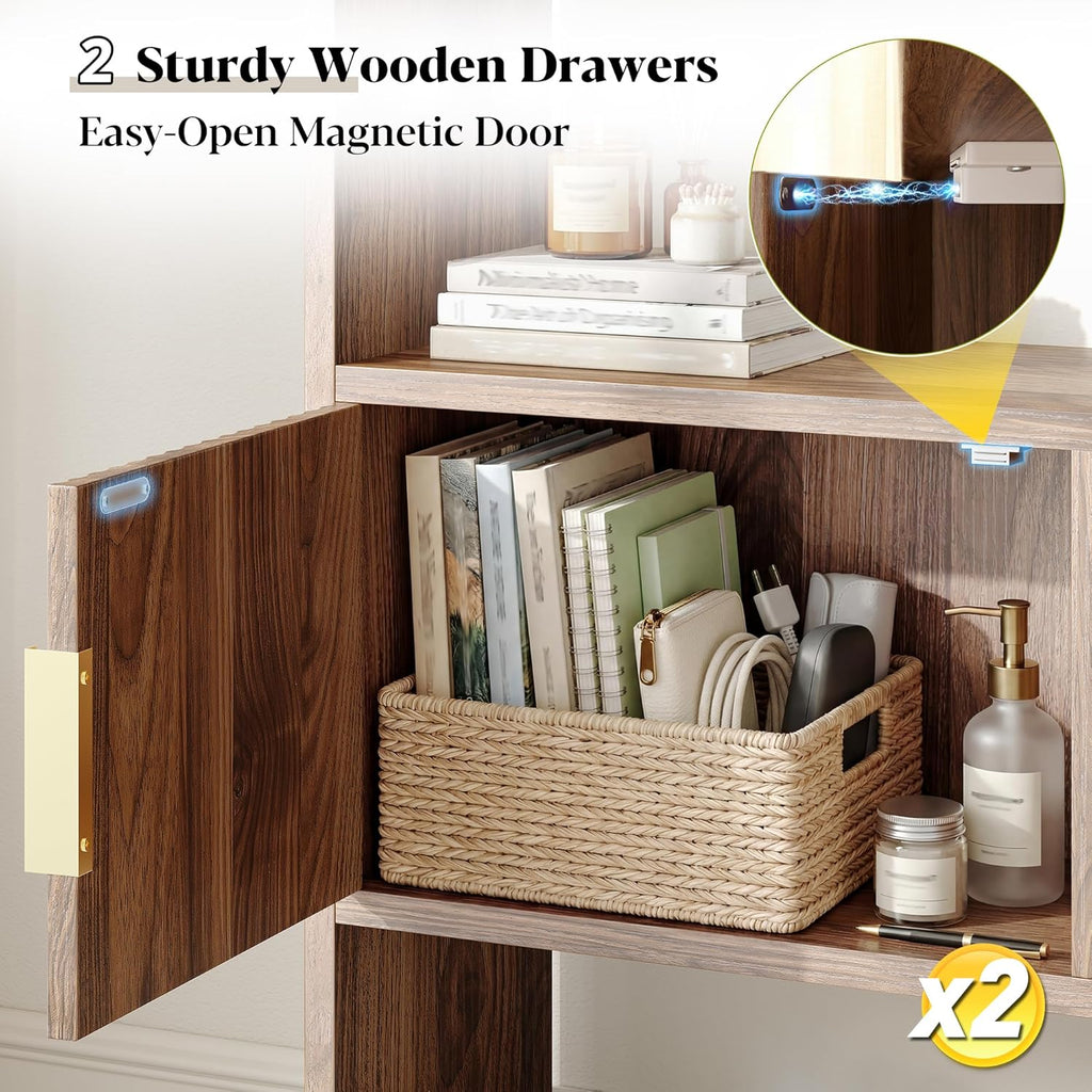 DurayLoly 75" Tall Corner Bookshelf, 7 Tiers Wood Bookcase with 2 Enclosed Storage Cabinet, Adjustable Corner Cabinet for Living Room, Home Office, Bedroom, Kitchen, Brown