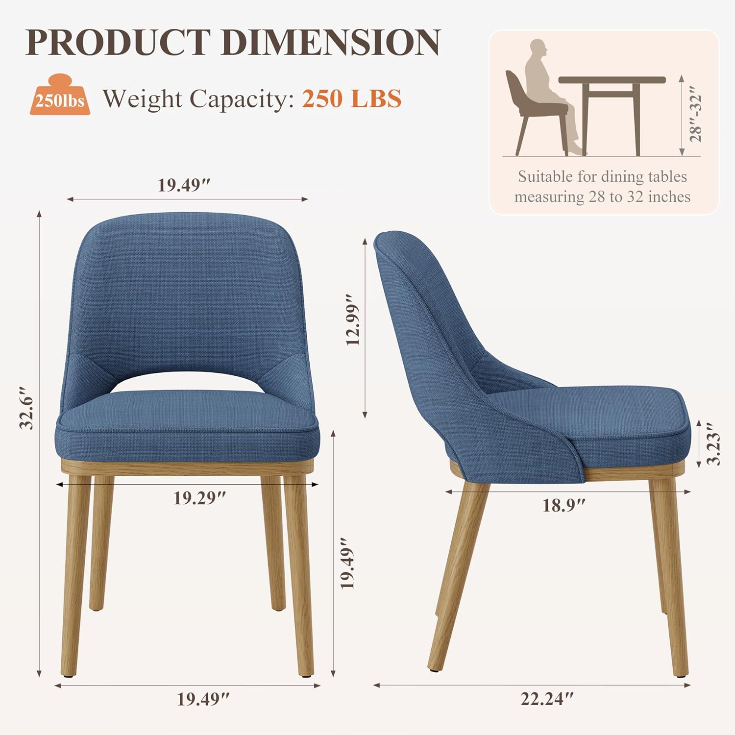 MALOL Wooden Dining Chairs Set of 2, Modern Fabric Upholstered Dining Room Chair, Kitchen Side Chairs, Farmhouse Armless Dinner Chair with Open Back for Kitchen, Blue