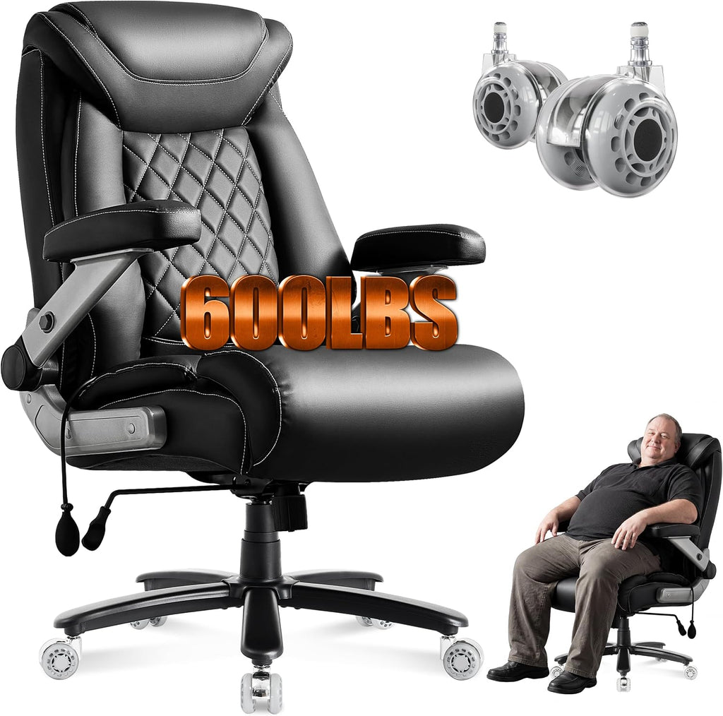 600LBS Large Big and Tall Office Chair, Heavy Duty Wide Ergonomic Gaming Office Chair with 5D Flip Arms, Comfy PU Leather Executive Office Desk Chair, Extra Wide Padded Seat, Adjustable Lumbar
