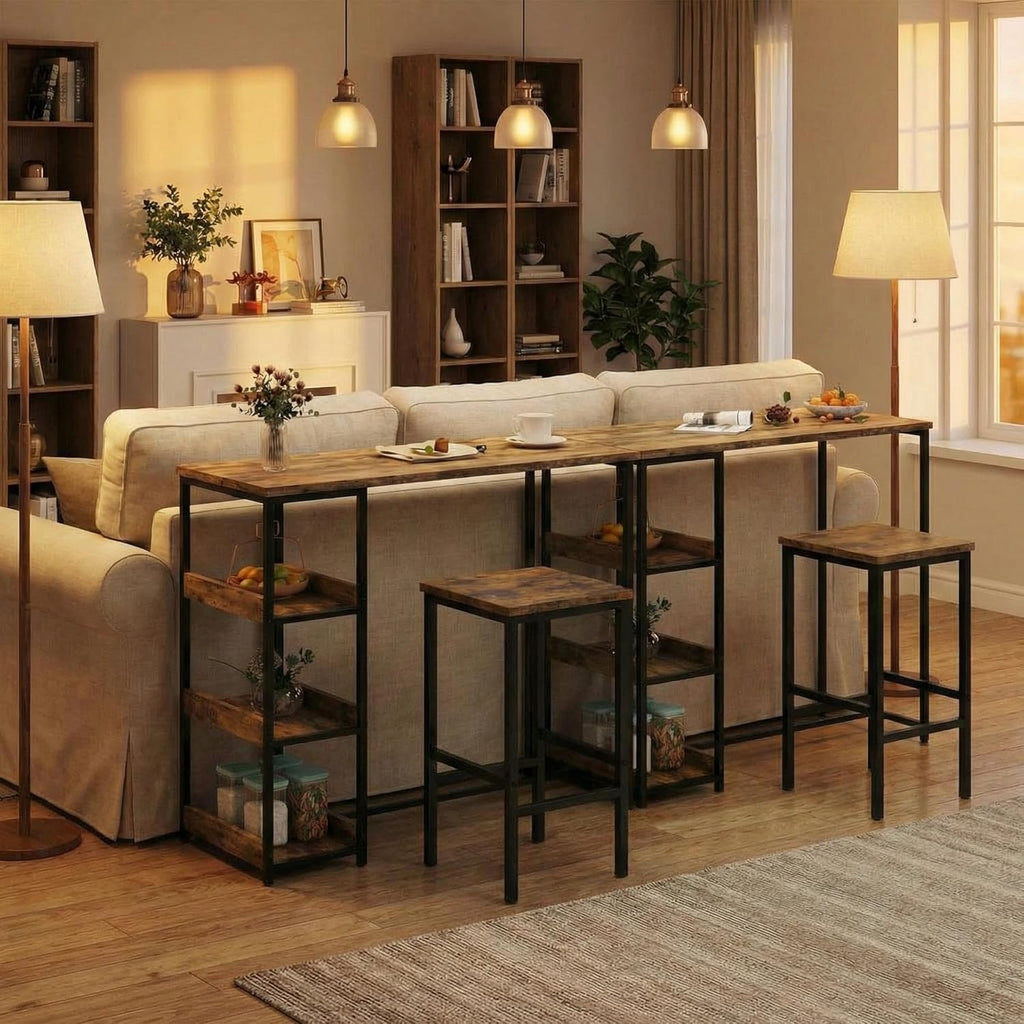 GarveeHome 3-Piece Kitchen Table Set with Storage Shelves & 2 Bar Stools - Iron and Wood Dining Table for Small Spaces, Apartments, Condos, Rustic Brown