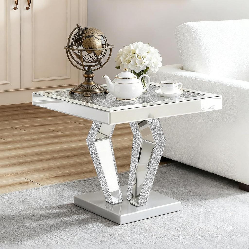 Silver Mirrored End Table with Crystal Inlay, Modern Side Table Accent Table, Square Small Coffee Table for Living Room, Bedroom 23" D x 23" W x 24" H