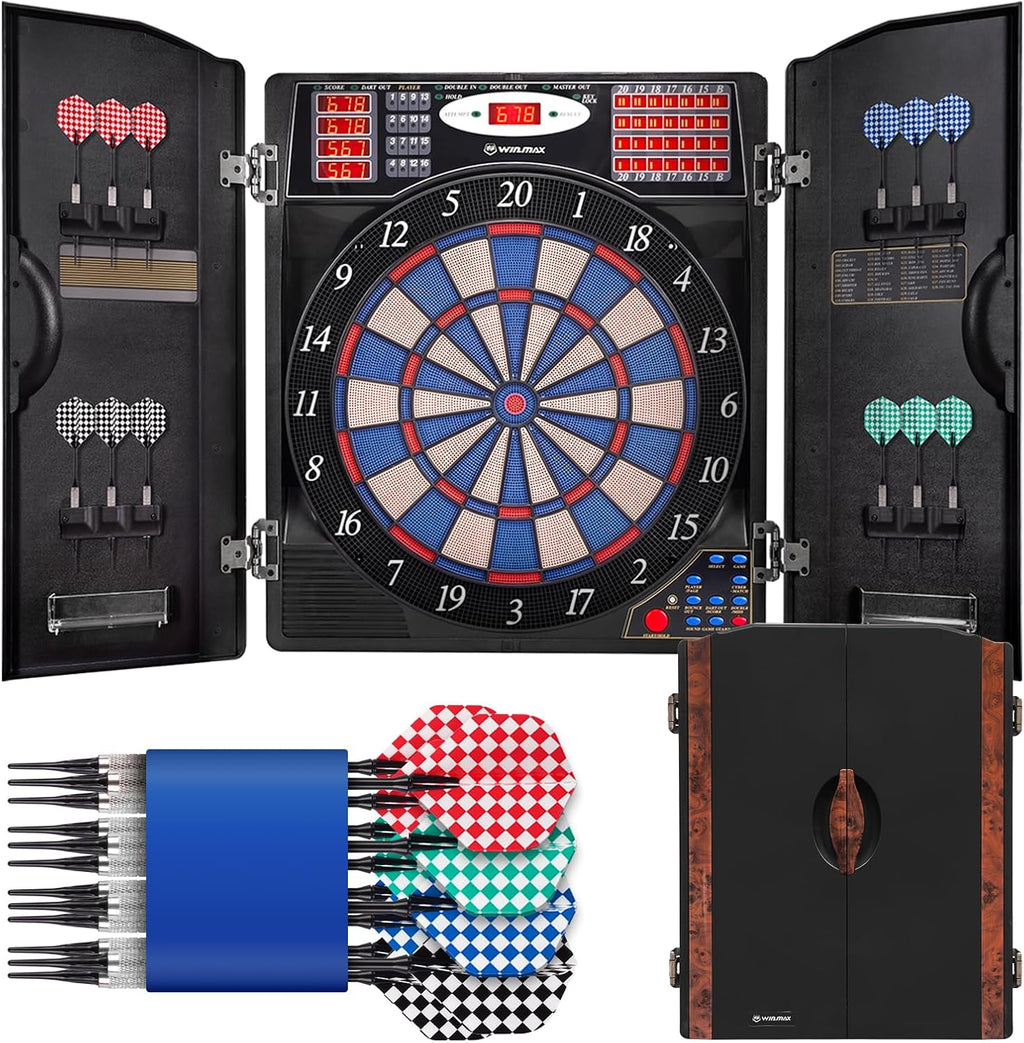WIN.MAX Electronic Dart Board Cabinet Set for Adults, Black | LED Scoring, 38 Games & 211 Variants, Up to 16 Players, 12 Darts+40 Tips, Wall Mount for Home Bar Game Room Man Cave