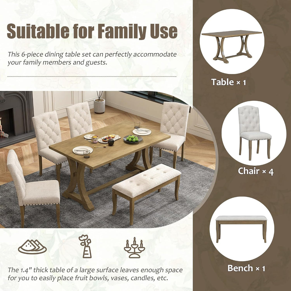 Mirightone Farmhouse Dining Table Set for 6, Dining Table with Bench and Chairs, 6 Piece Kitchen Table Set Solid Wood Dining Room Set with Trestle Table Legs (Natural Wood Wash)