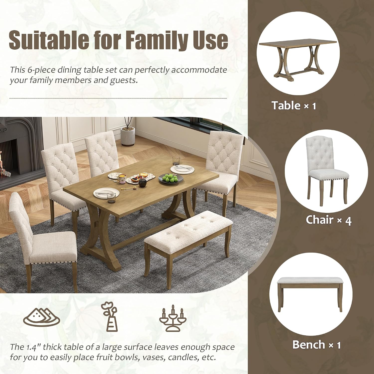 Mirightone Farmhouse Dining Table Set for 6, Dining Table with Bench and Chairs, 6 Piece Kitchen Table Set Solid Wood Dining Room Set with Trestle Table Legs (Natural Wood Wash)