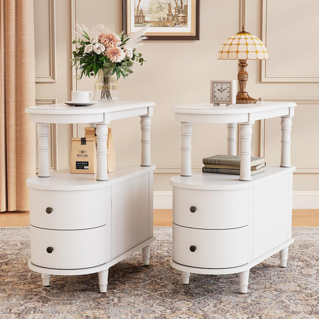 Set of 2 Wooden End Table with 2 Drawers & Storage Shelf, White | Narrow Sofa Side Table for Living Room, Slim Chair Side Table with Mid-Shelf, Vintage Small Nightstand Bedside Table for Home