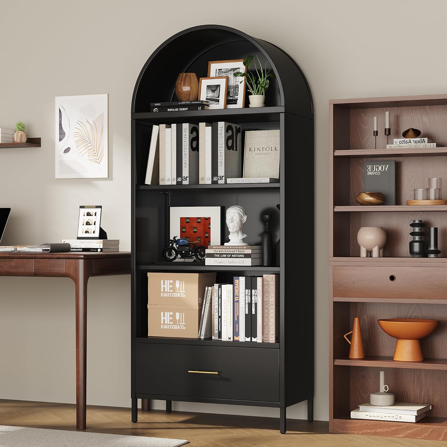 VEXPOR 73" Tall Arched Bookcase with Drawer, Metal Arched Cabinet with 2 Adjustable Shelves, Open Display Shelf for Home Office & Living Room, Heavy Duty Steel Storage Organizer