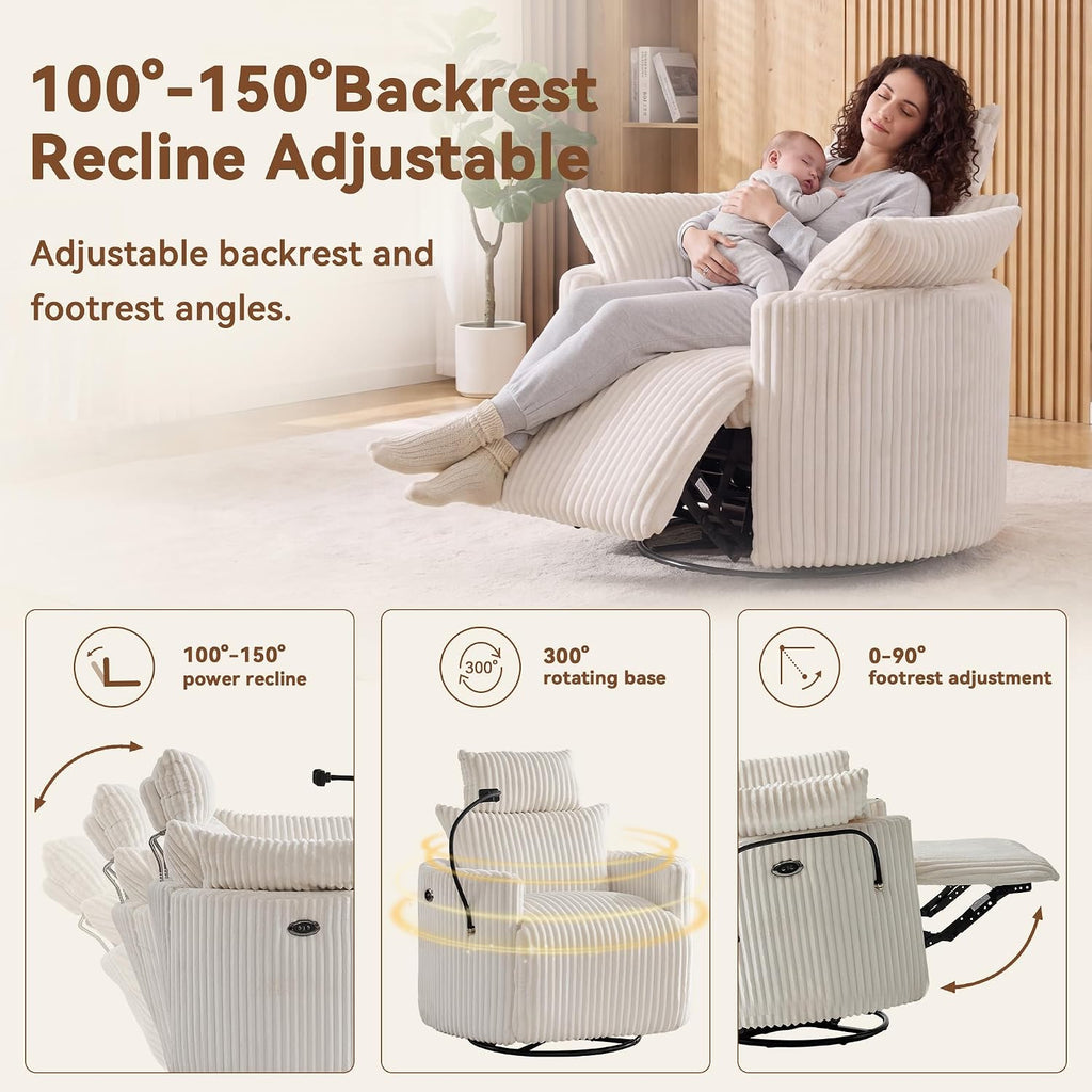 FOXHUNTER Power Nursery Rocking Chairs Glider Rocking Chair 300°Swivel Rocking Recliner with USB Charging Port and Phone Holder,Footrest,for Living Room, Corduroy, White