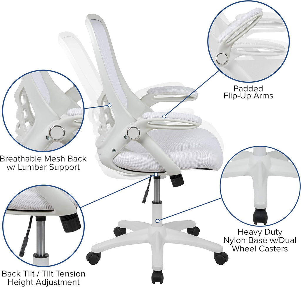 EMMA + OLIVER High Back White Mesh Ergonomic Swivel Office Chair with White Frame and Flip-up Arms