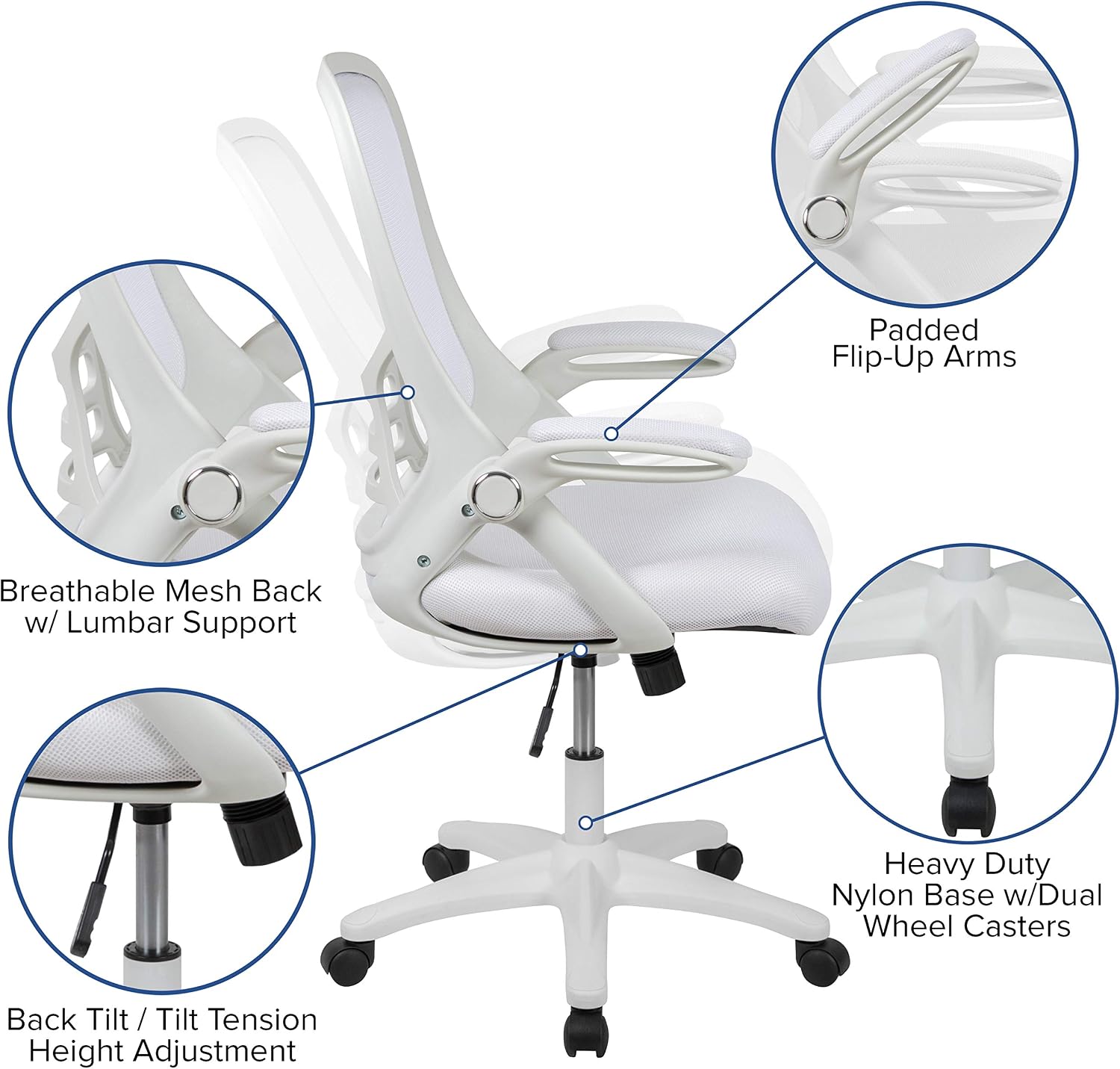 EMMA + OLIVER High Back White Mesh Ergonomic Swivel Office Chair with White Frame and Flip-up Arms