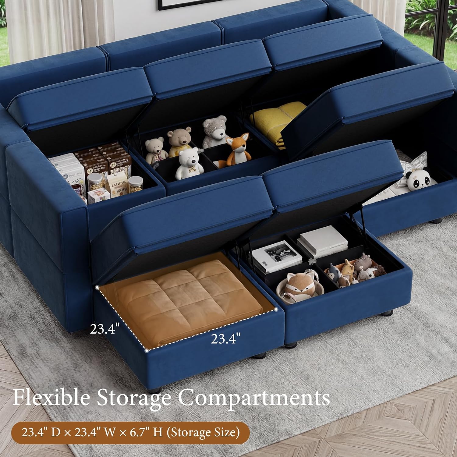 Vesgantti Sectional Couches with Storage Seats, 92" V Shaped Convertible Modular Sectional Sofa, 5 Seat & 1 Ottoman Velvet Storage Chaises Deep Seat Couch for Living Room, Bedroom, Apartment, Blue