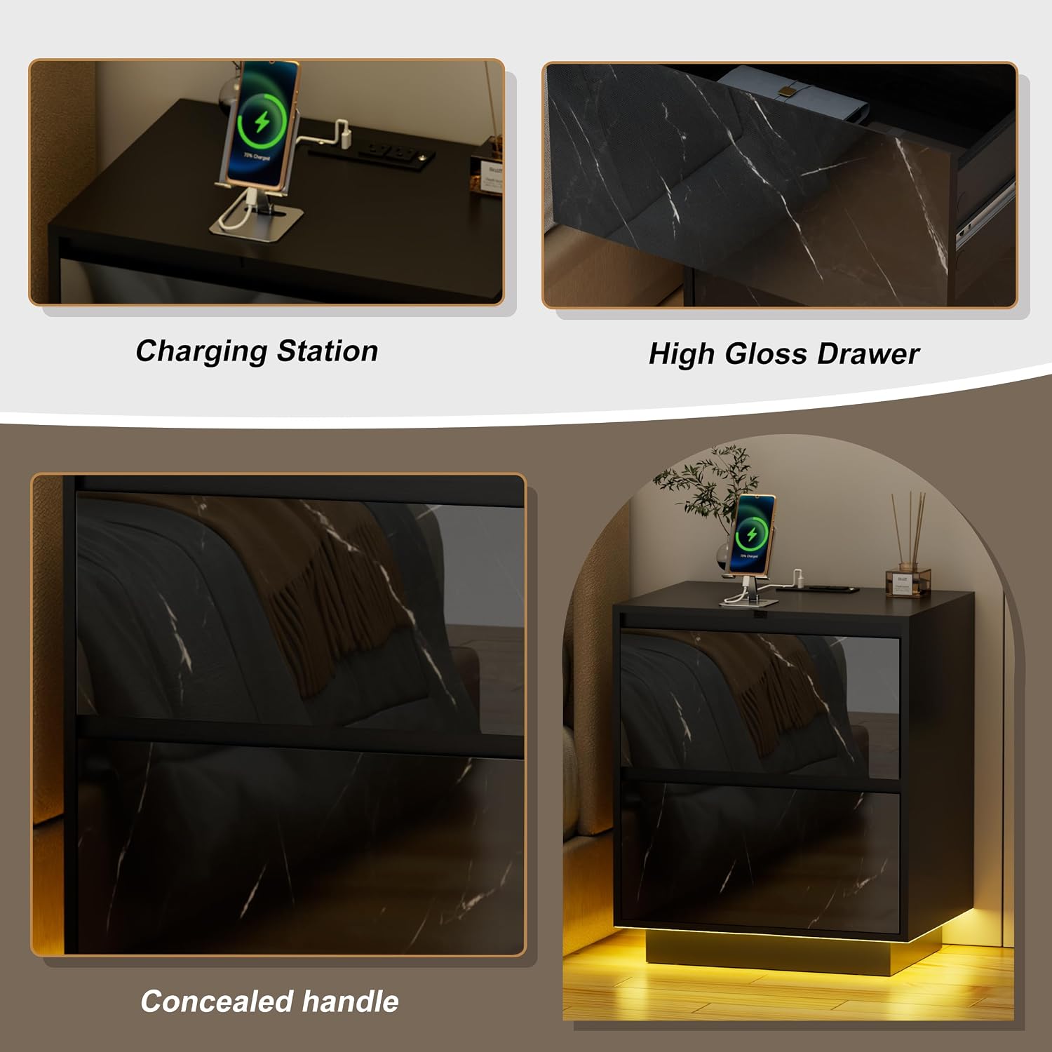 Anbuy LED Nightstand with 2 Drawers & Power Outlets, Nightstand Set of 2 with Lights, Bedside Table Modern End Table with Variable Color Lights for Bedroom, Living Room Black Marble