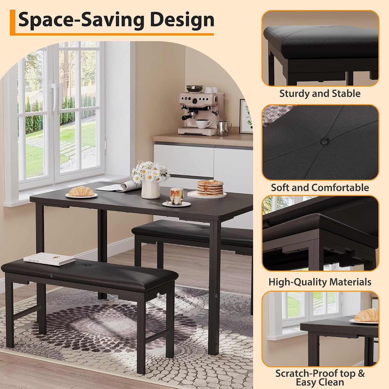 Garvee 3-Piece Dining Table Set, 3-Piece Kitchen Table with 2 Upholstered Benches, Space-Saving Dining Room Set for Breakfast Nook and Small Spaces, Black