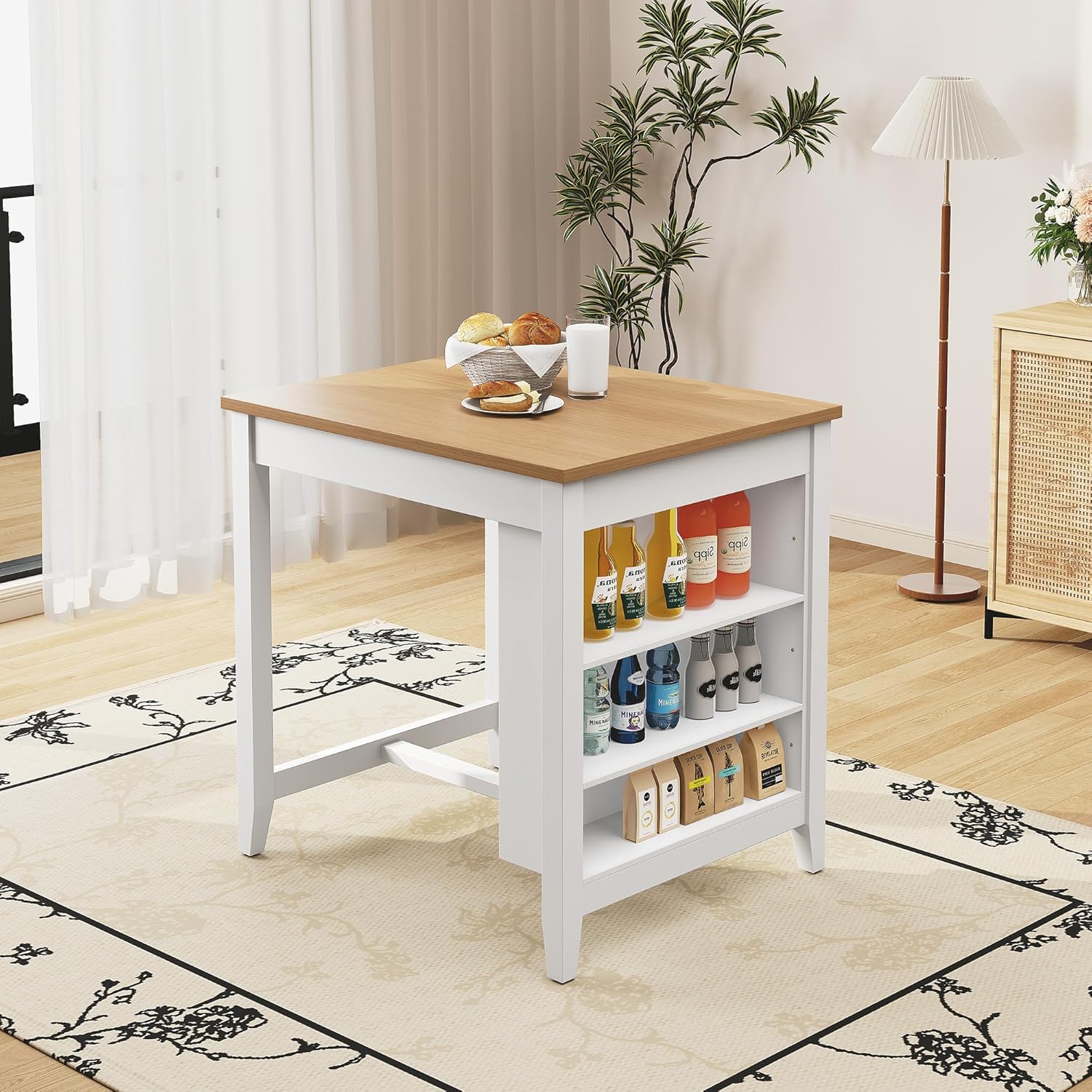 HLR Small Dining Table for 2, Farmhouse Kitchen Table with Storage Shelves, Modern Space-Saving Dinner Table, Square Compact Dining Table for Dining Room, Kitchen, Small Spaces, Apartment, White