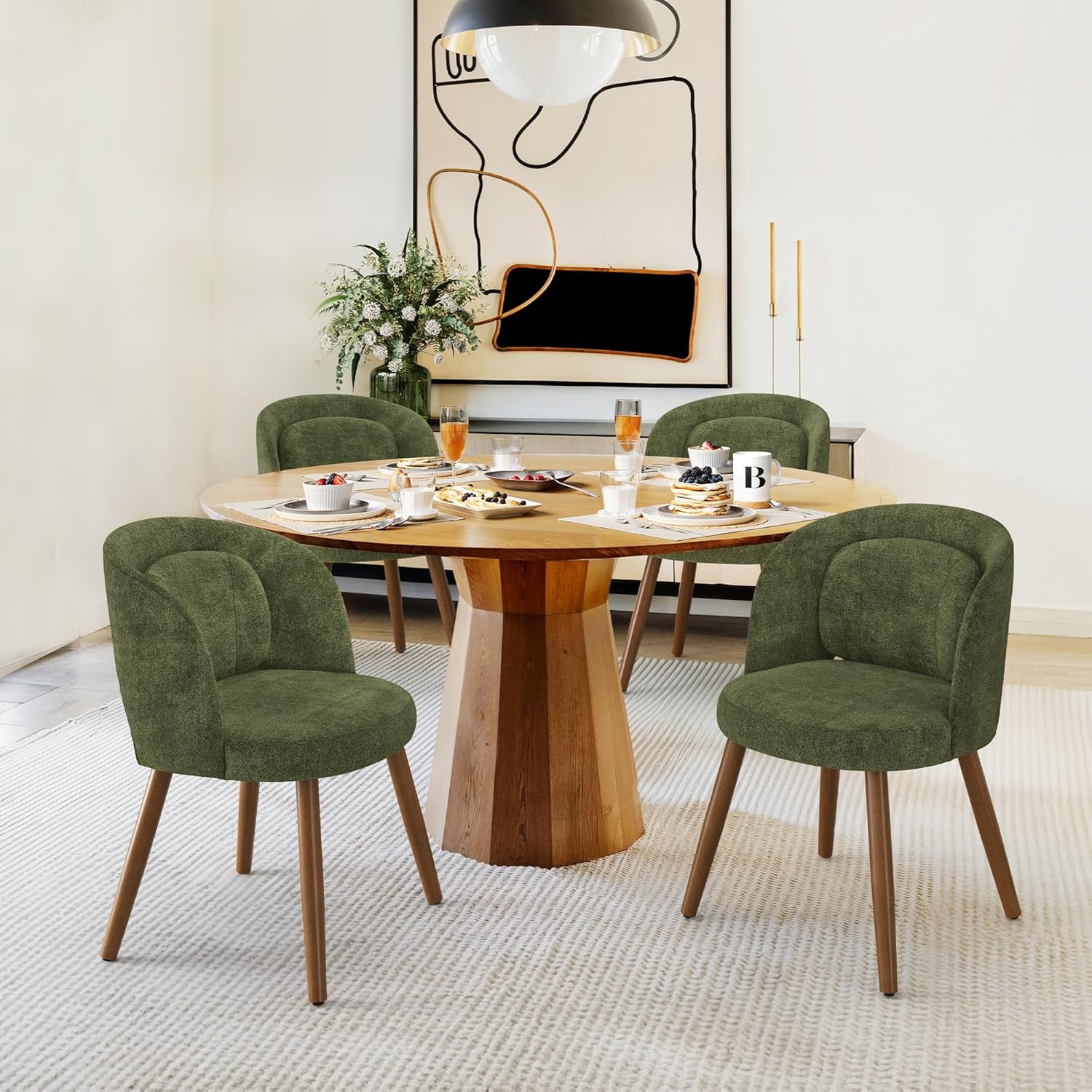 LUE BONA Dining Chairs Set of 4, Modern Upholstered Kitchen Chairs with Solid Wood Legs, Curved Backrest & Lumbar Support for Home Dining Room, Restaurant, Green