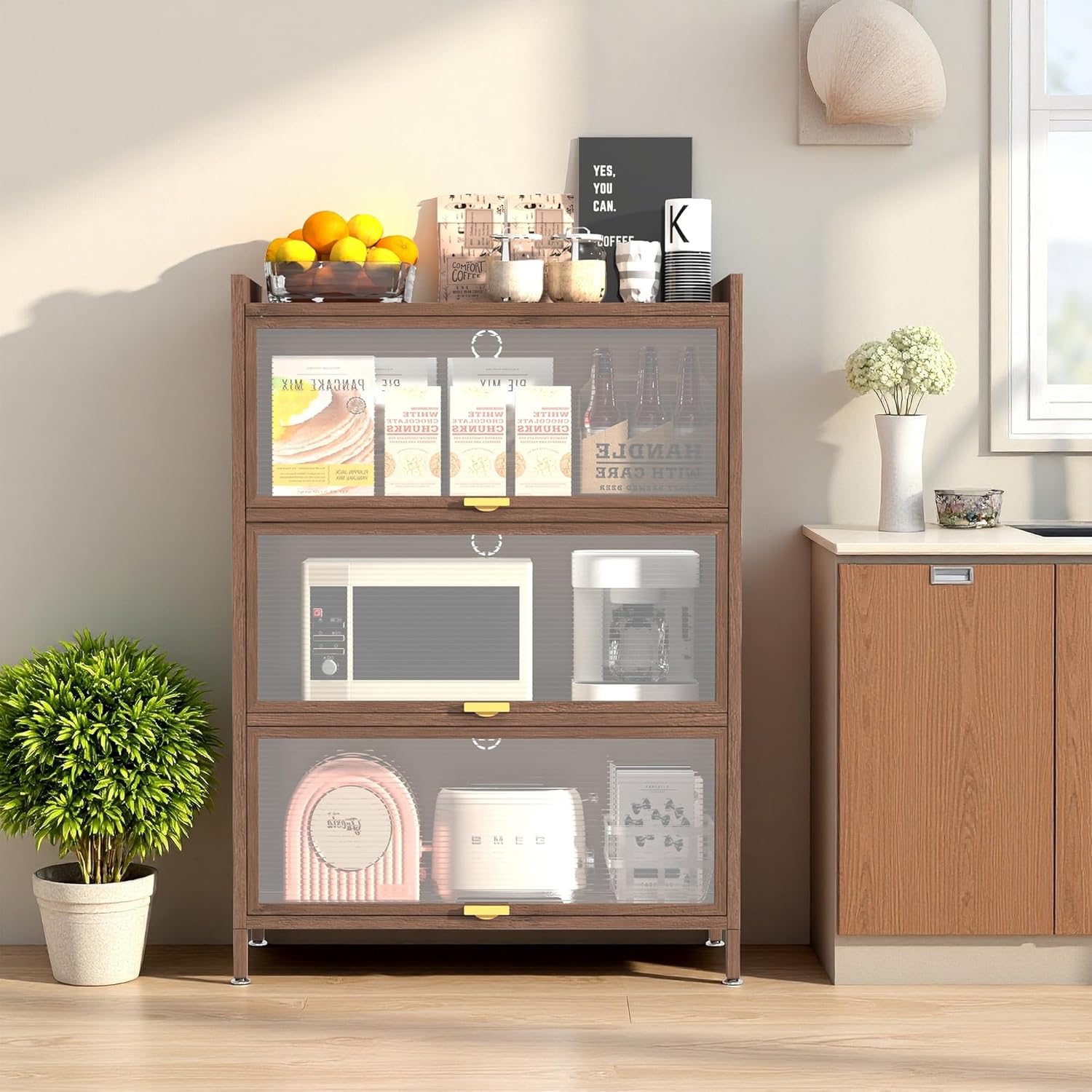 44'' Tall Metal Kitchen Storage Cabinet with 3 Flip-up Doors, Freestanding Pantry Cabinet with Adjustable Feet, 4-Tier Microwave Stand with Storage Rack for Kitchen Dining Living Room (4-Tier, Walnut)