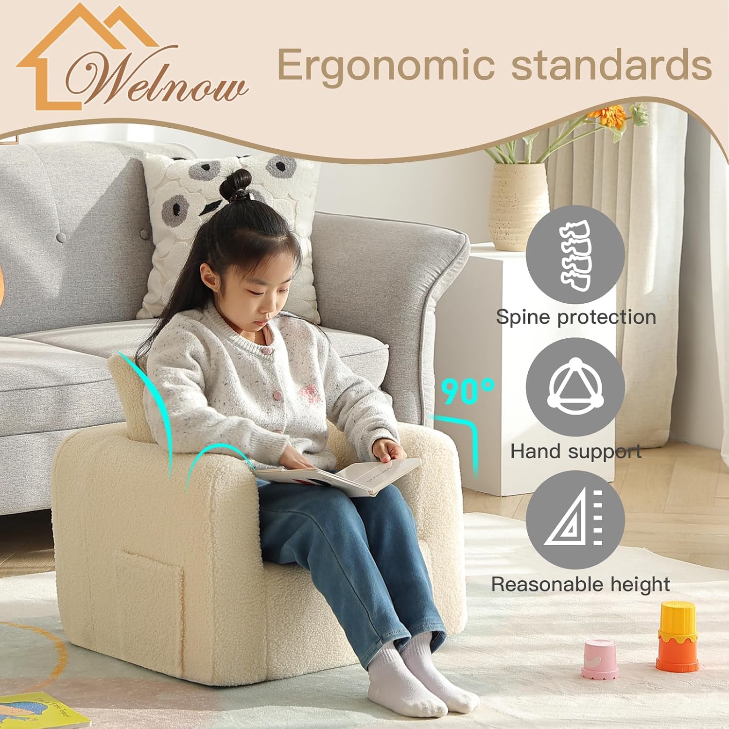 Welnow Kids Sofa with Pillow, Cozy Toddler Chair Soft Foam Seat for Reading, Children's Couch with Armrest Lightweight Comfy Kids Furniture for Bedroom, Playroom for Boys and Girls, Sherpa Beige