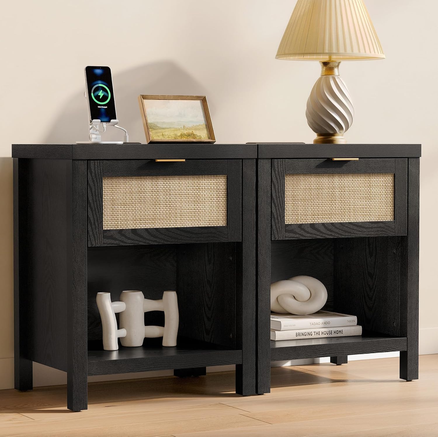 SICOTAS Black Rattan Nightstands Set of 2 with Charging Station | Modern Night Stand with Drawer, Bedside Table with USB and Type-C Ports, Bed Side Tables for Bedroom, Black Oak, 2 PCS