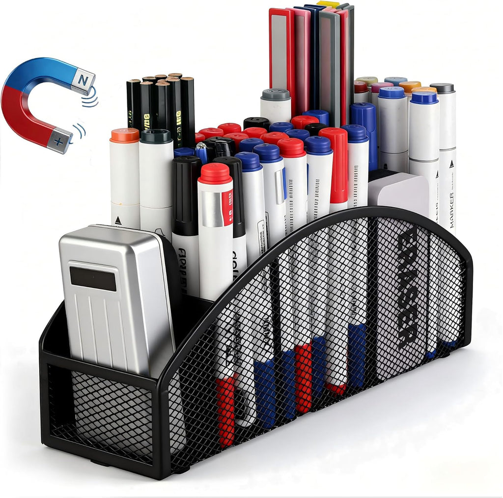 Magnetic Dry Erase Marker Holder for Whiteboard, 5 Slots Metal Pen Holder with Strong Magnets, 10inch Large Capacity Storage Basket Organizer for Office, School and Home (Black)