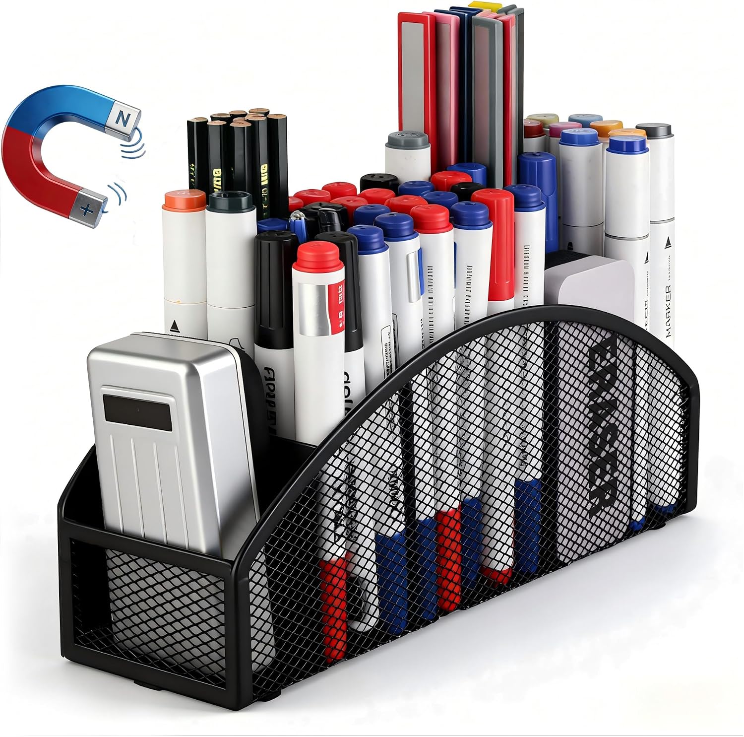 Magnetic Dry Erase Marker Holder for Whiteboard, 5 Slots Metal Pen Holder with Strong Magnets, 10inch Large Capacity Storage Basket Organizer for Office, School and Home (Black)