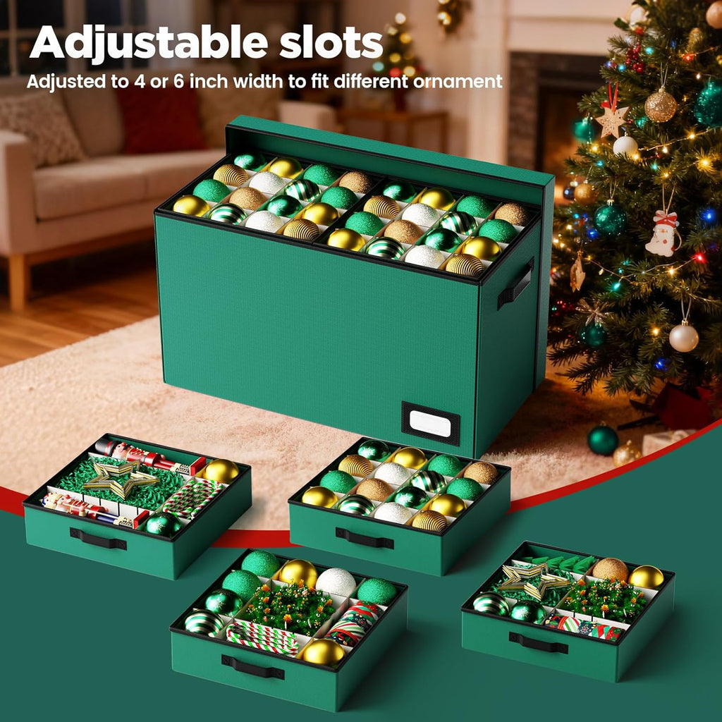 Christmas Ornament Storage Box, Ornament Organizer Storage box with Lids and Adjustable Dividers, Store Up to 128-3" Ornaments, Large Holiday Decor Storage Container with 8 Stackable Trays, Green