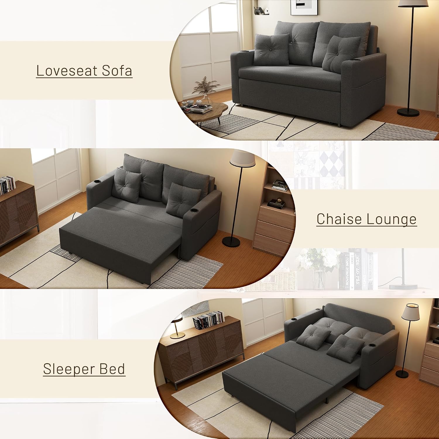 Krcix 3 in 1 Sofa Bed, 56 Inch Convertible Pull Out Couch, Loveseat Sleeper Sofa with Cup Holders, USB, Side Pockets, Multi-Function Couch Bed for Living Room, Apartment, Charcoal Grey