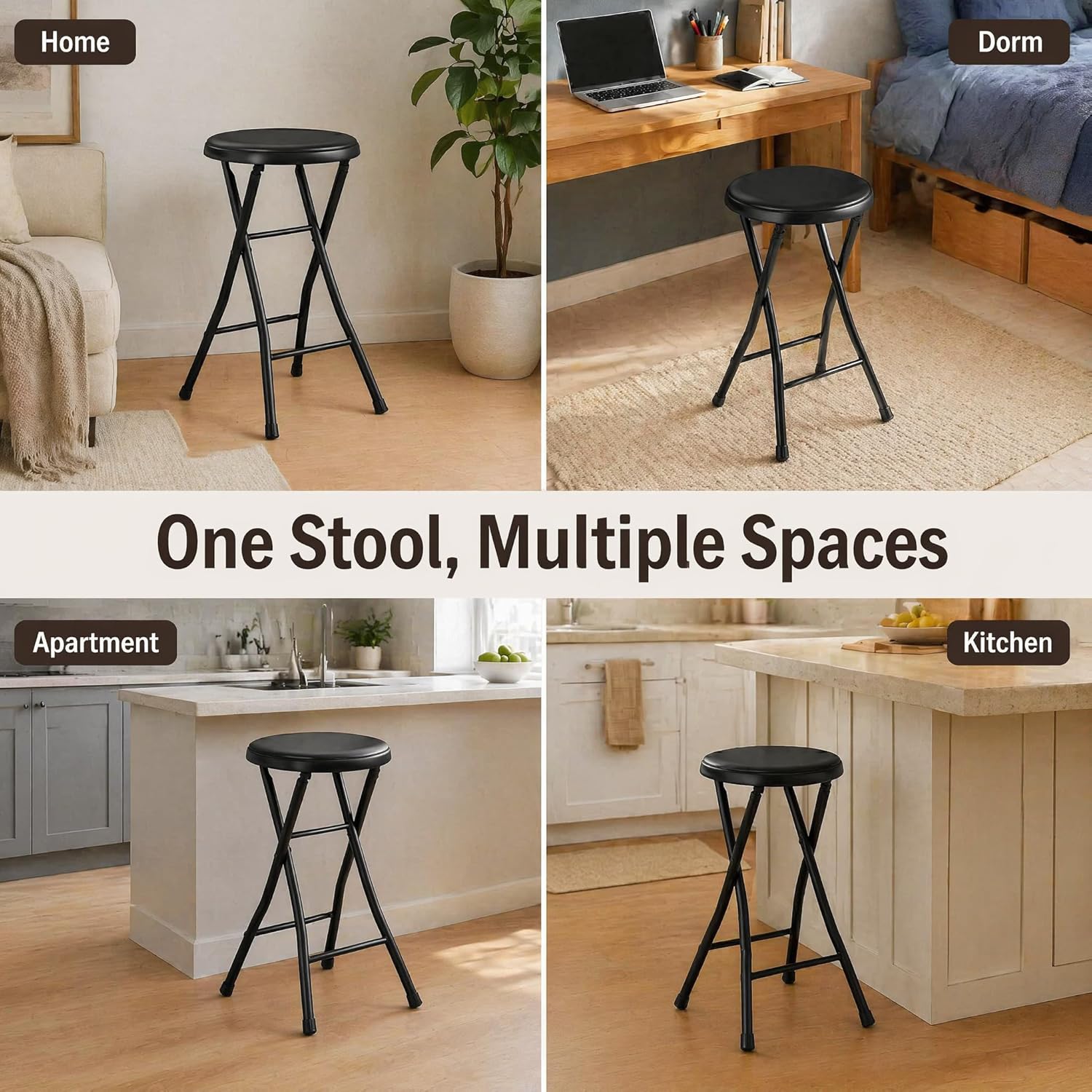 Folding Stool - Backless 24-Inch Stool with 240lb Capacity for Kitchen or Rec Room - Portable Indoor Counter Bar Stools (Black)
