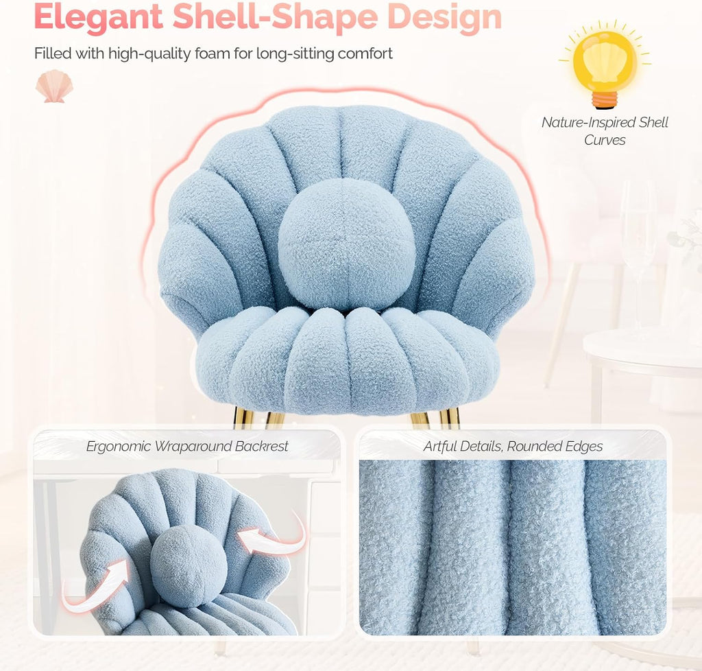 VINGLI Shell-Shaped Teddy Fleece Accent Vanity Chair with Back,Comfy Blue and Gold Desk Chair No Wheels,Cute Small Pearl Deco Pillow,Gift for Girls/Women,for Makeup,Office,Dining,Nail,Sewing,Bedroom