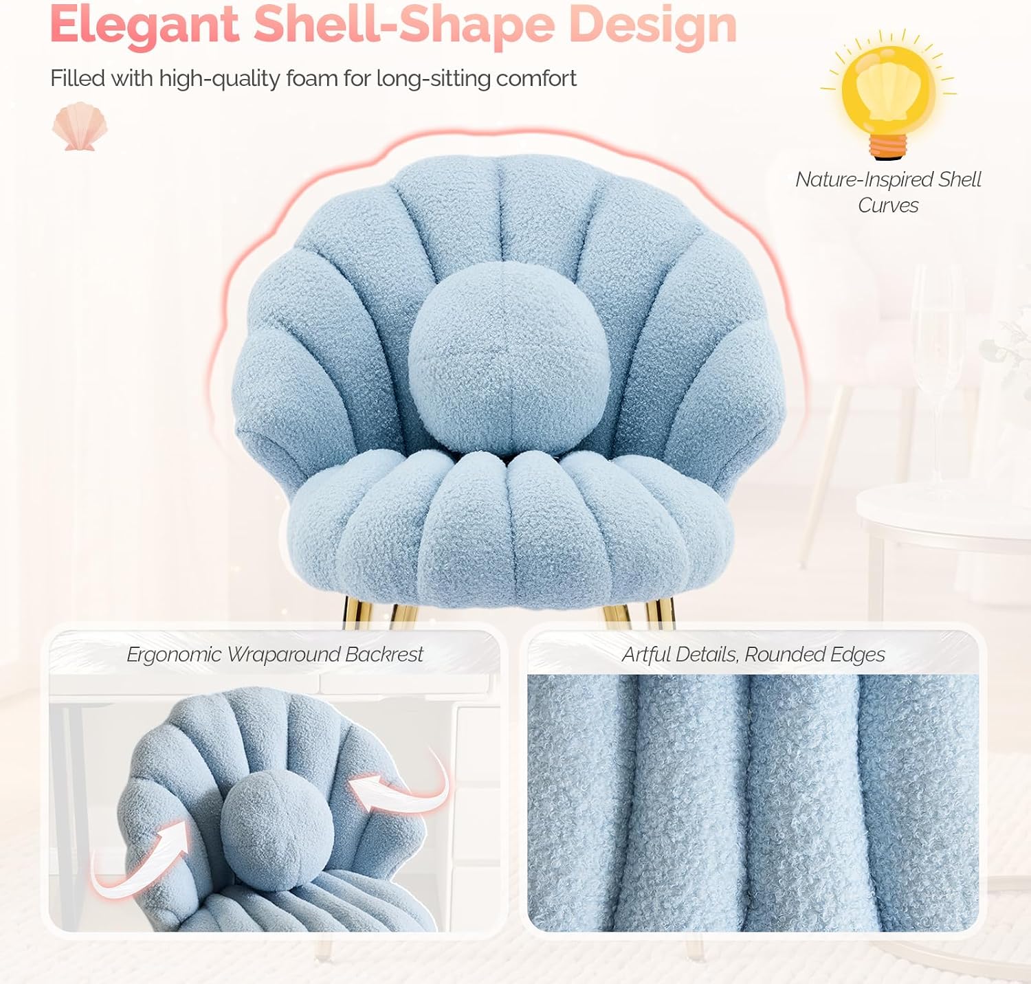 VINGLI Shell-Shaped Teddy Fleece Accent Vanity Chair with Back,Comfy Blue and Gold Desk Chair No Wheels,Cute Small Pearl Deco Pillow,Gift for Girls/Women,for Makeup,Office,Dining,Nail,Sewing,Bedroom
