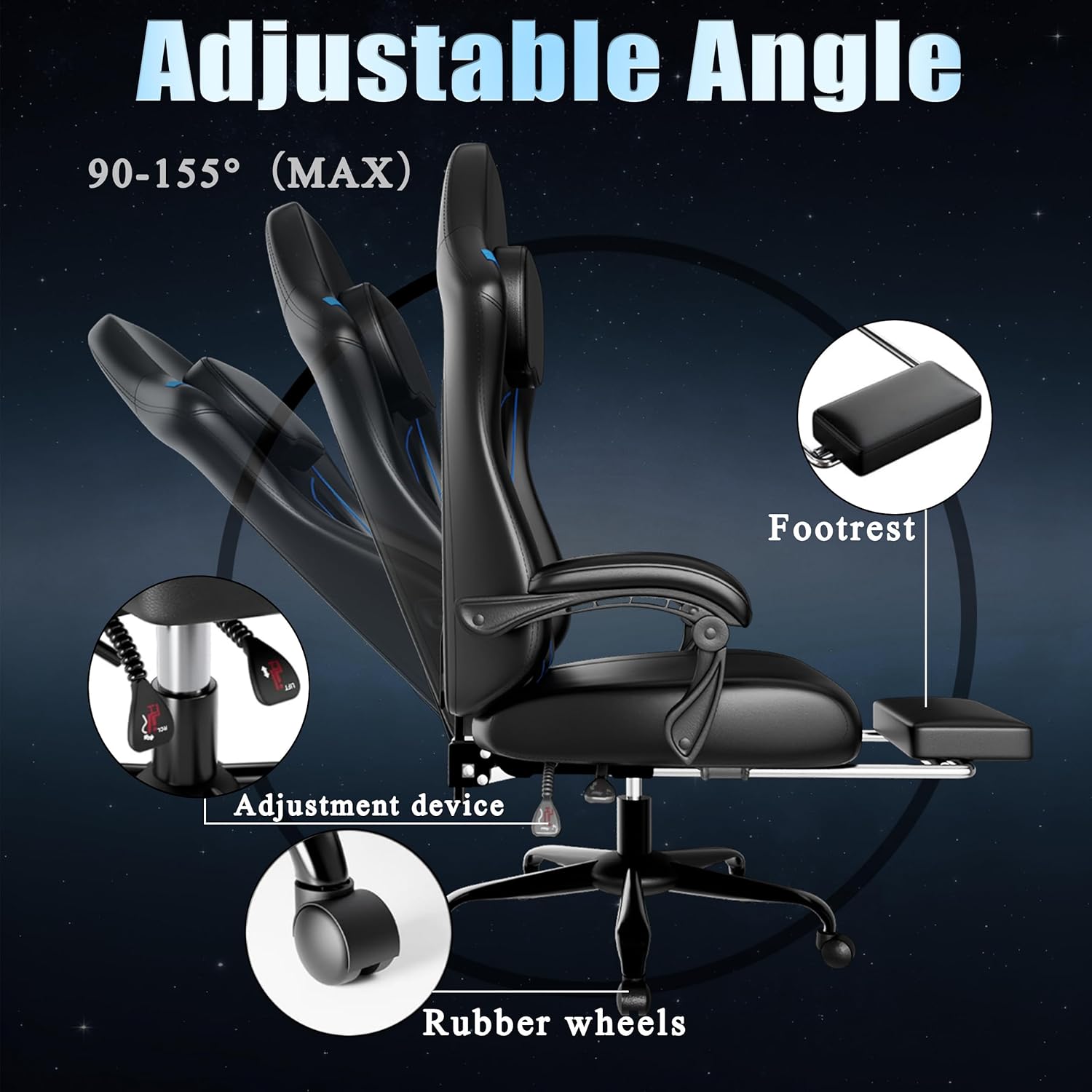 Ergonomic Gaming Chair, Video Game Chair with Pocket Spring Cushion and Footrest, Height Adjustable Computer Chair with Swivel Seat and Headrest (Blue)