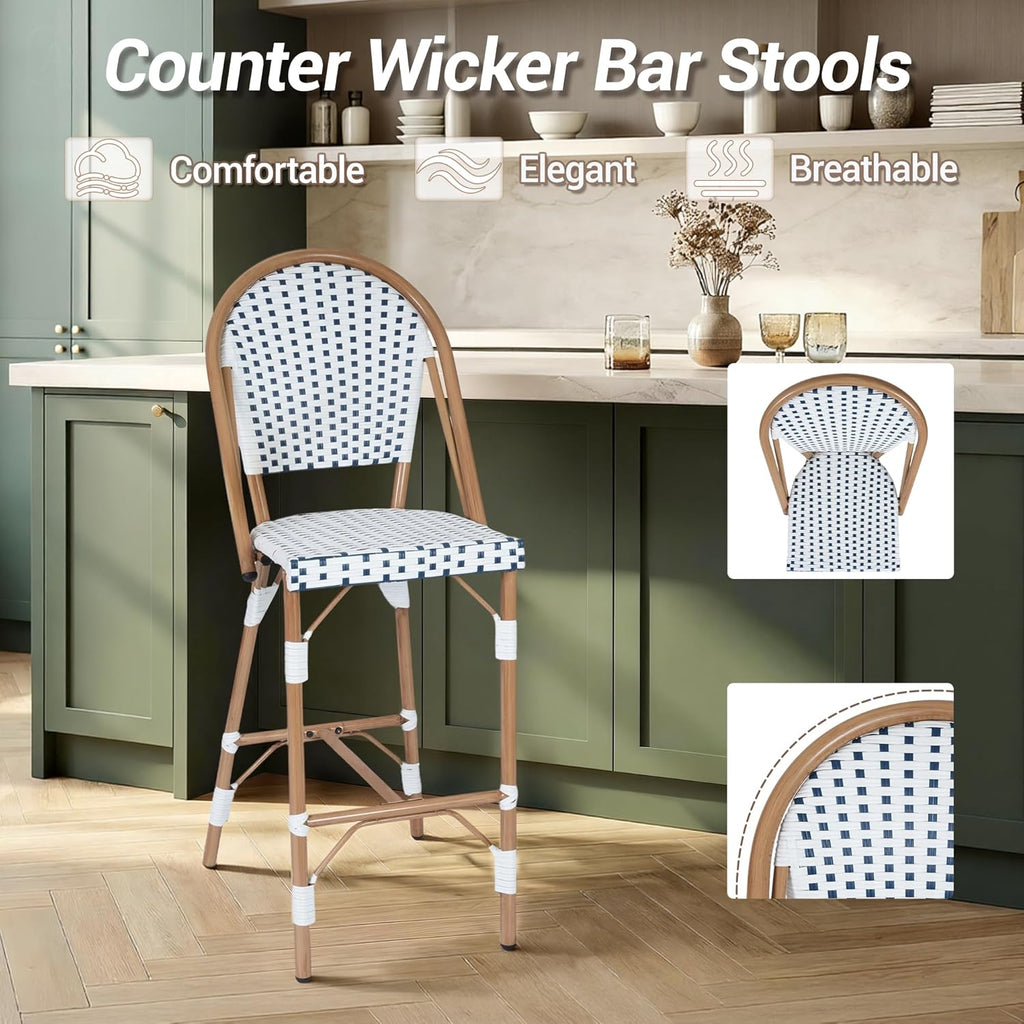 Outdoor French Counter Bar Stools Set of 4, 30" Height Patio Rattan Stools w/Wood Print Finish, All-Weather Armless Wicker Chairs for Poolside Backyard Front Porch Garden Kitchen, White/Blue