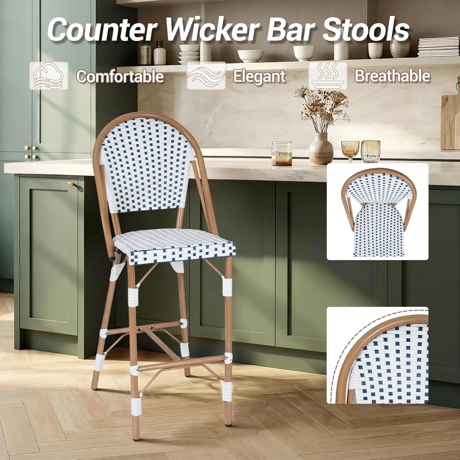 Outdoor French Counter Bar Stools Set of 4, 30" Height Patio Rattan Stools w/Wood Print Finish, All-Weather Armless Wicker Chairs for Poolside Backyard Front Porch Garden Kitchen, White/Blue