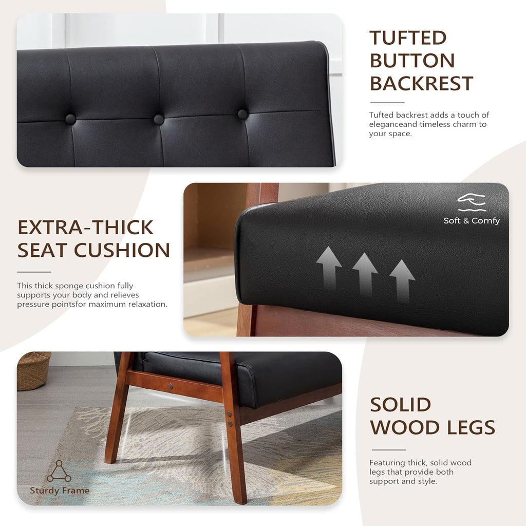 JIASTING Mid Century 1 Loveseat Sofa and 2 Accent Chairs Set Modern Wood Arm Couch and Chair Living Room Furniture Sets (8428 Black Set)