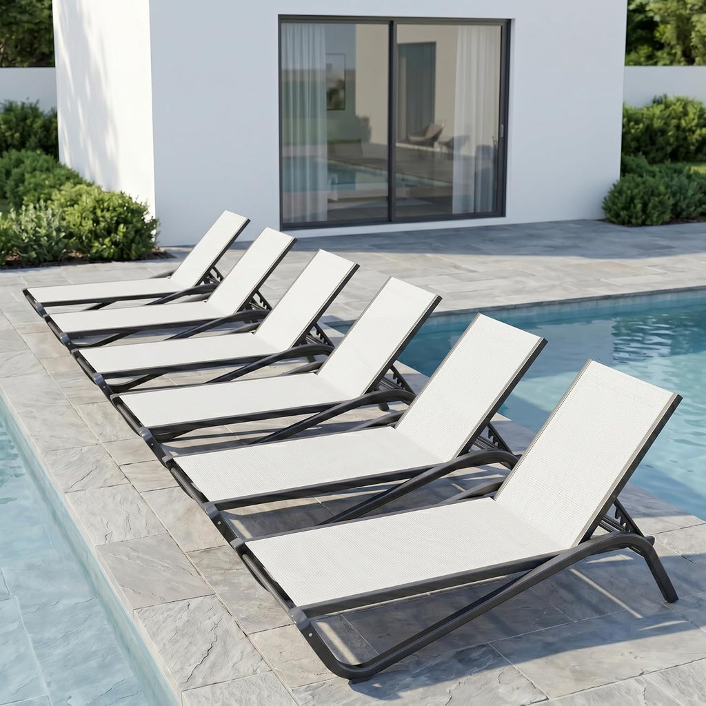 Patio Chaise Lounge Chairs Set of 6, All-Weather Aluminum Pool Loungers for Outside, 5-Position Adjustable Sunbathing Chairs for Tanning, Stackable for Backyard, Poolside, White