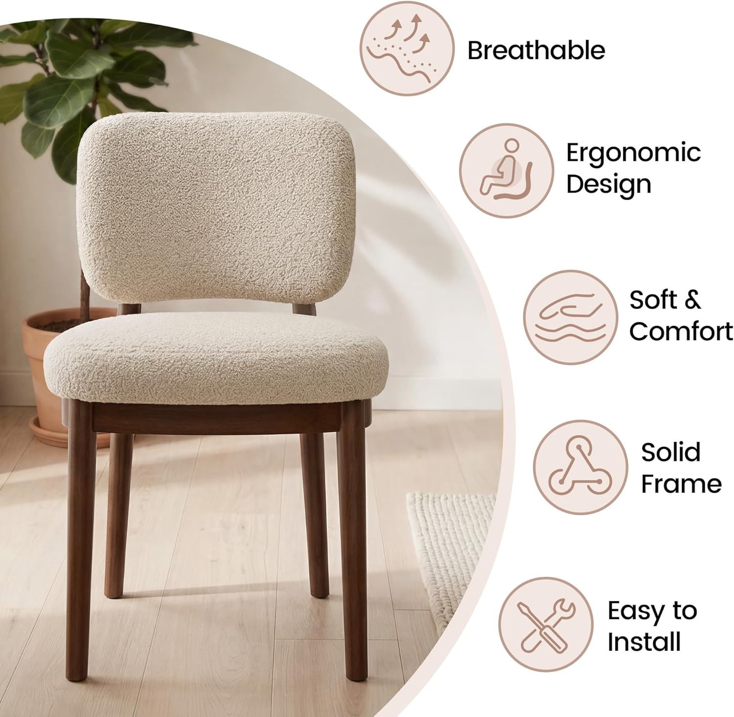 Wooden Dining Chairs Set of 2, Boucle Upholstered Kitchen Chairs with Solid Wood Legs, Mid Century Modern Dining Chairs, Farmhouse Side Chair with Hardwood Frame for Dining Room, Beige