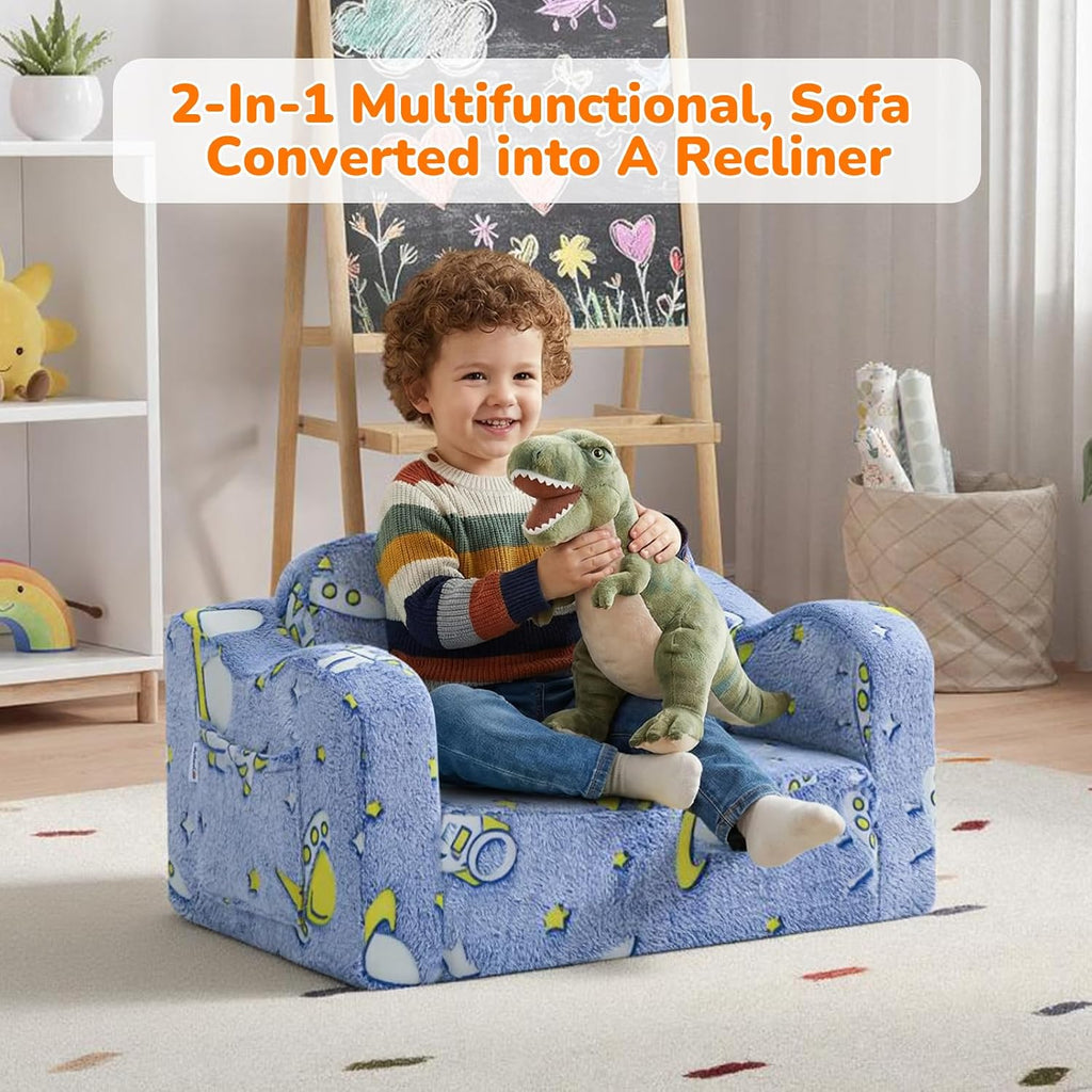 MeMoreCool Glowing Rocket Kids Chair, Glow-in-the-Dark Space Kids Couch, 2-in-1 Convertible Fold-Out Recliner with Cushioned Foam, Washable Cover for Boys Playroom, Denim Rocket
