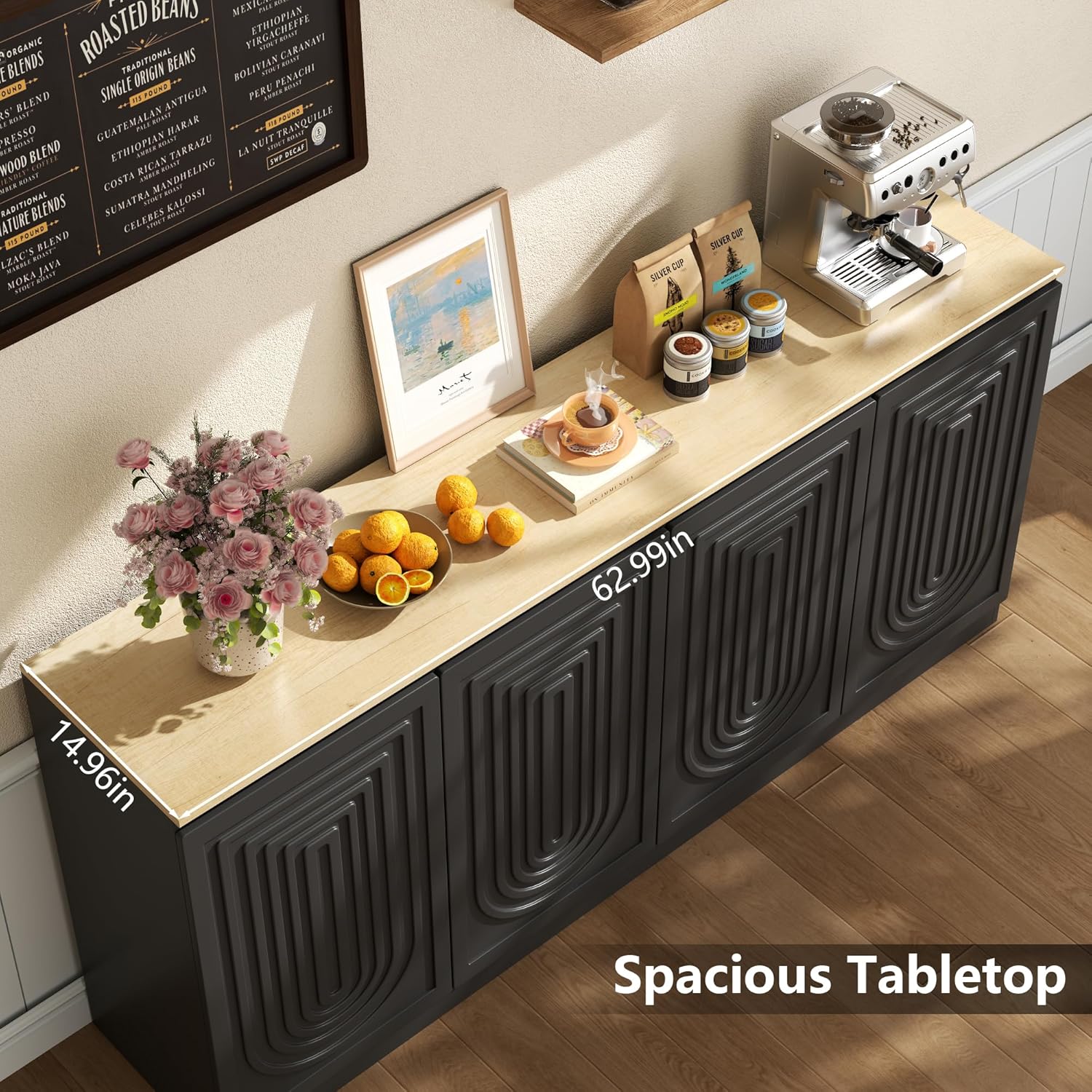 Gyfimoie 63" Fluted Sideboard Buffet Cabinet with Storage, Modern Credenza with Adjustable Shelves, Wood Accent Cabinet with 4 Doors, Dining Room Buffet Cabinet for Kitchen Living Room Entryway, Black