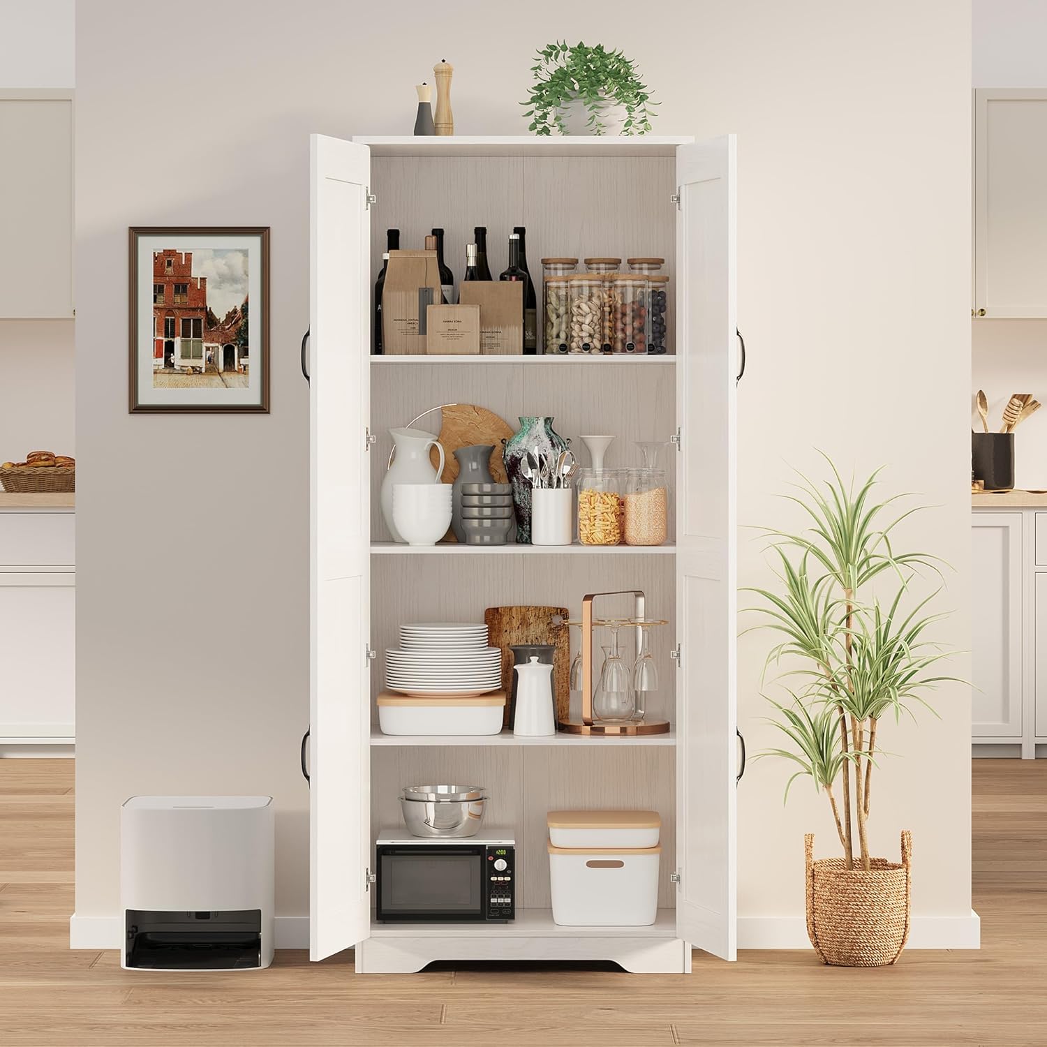 Garvee Tall Pantry Cabinet, 60" Kitchen Storage Cabinet with 2 Doors & Adjustable Shelves, Freestanding Wooden Cupboard for Bathroom，Dining Room, Living Room,White