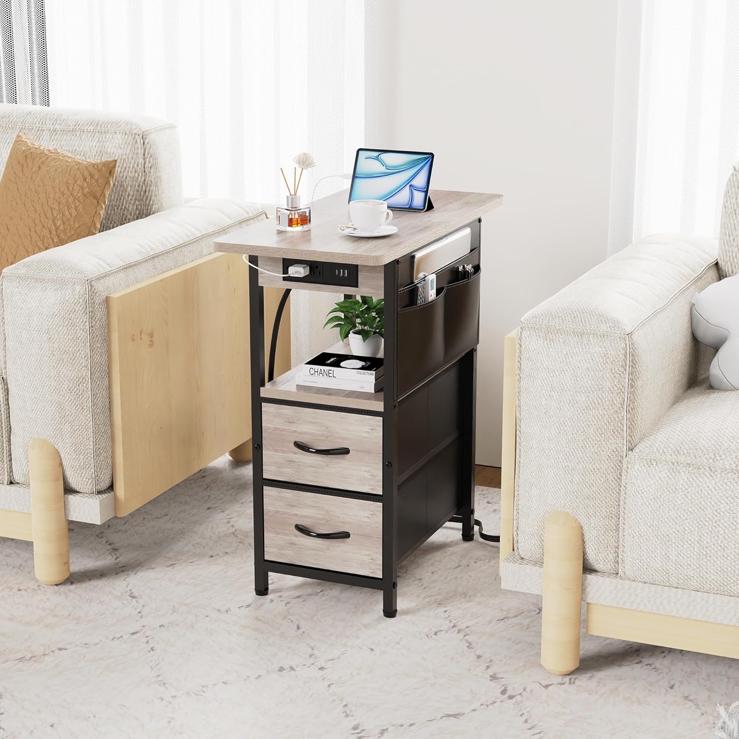 Yenlure Small Side Table with Charging Station, Narrow Nightstand Bedside Tables with Storage Pocket for Living Room Bedroom, Sofa End Table with USB Ports and Power Outlets for Small Spaces, Greige