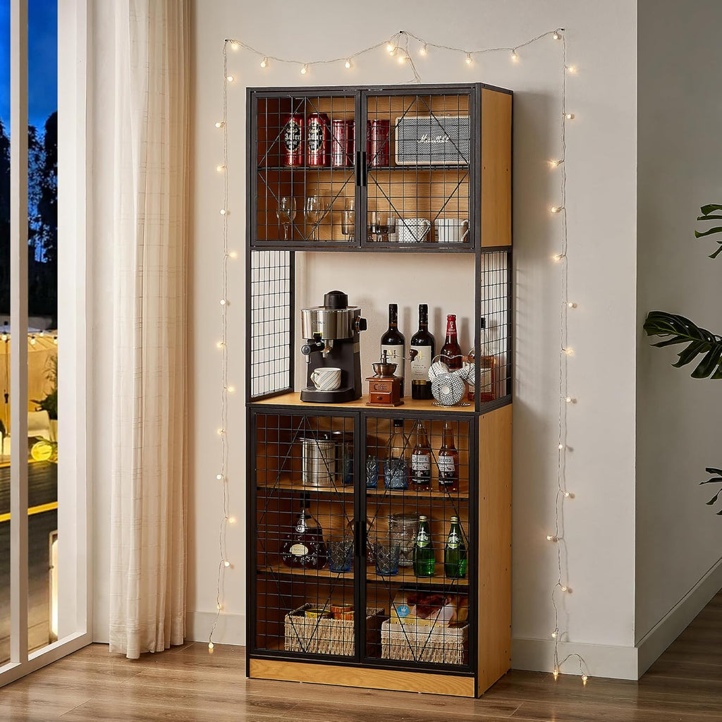 VECELO 72in Tall Kitchen Pantry Cabinet Set of 2 with Doors and Shelves, Large Freestanding Storage Cupboard with Countertop Hutch, Oak