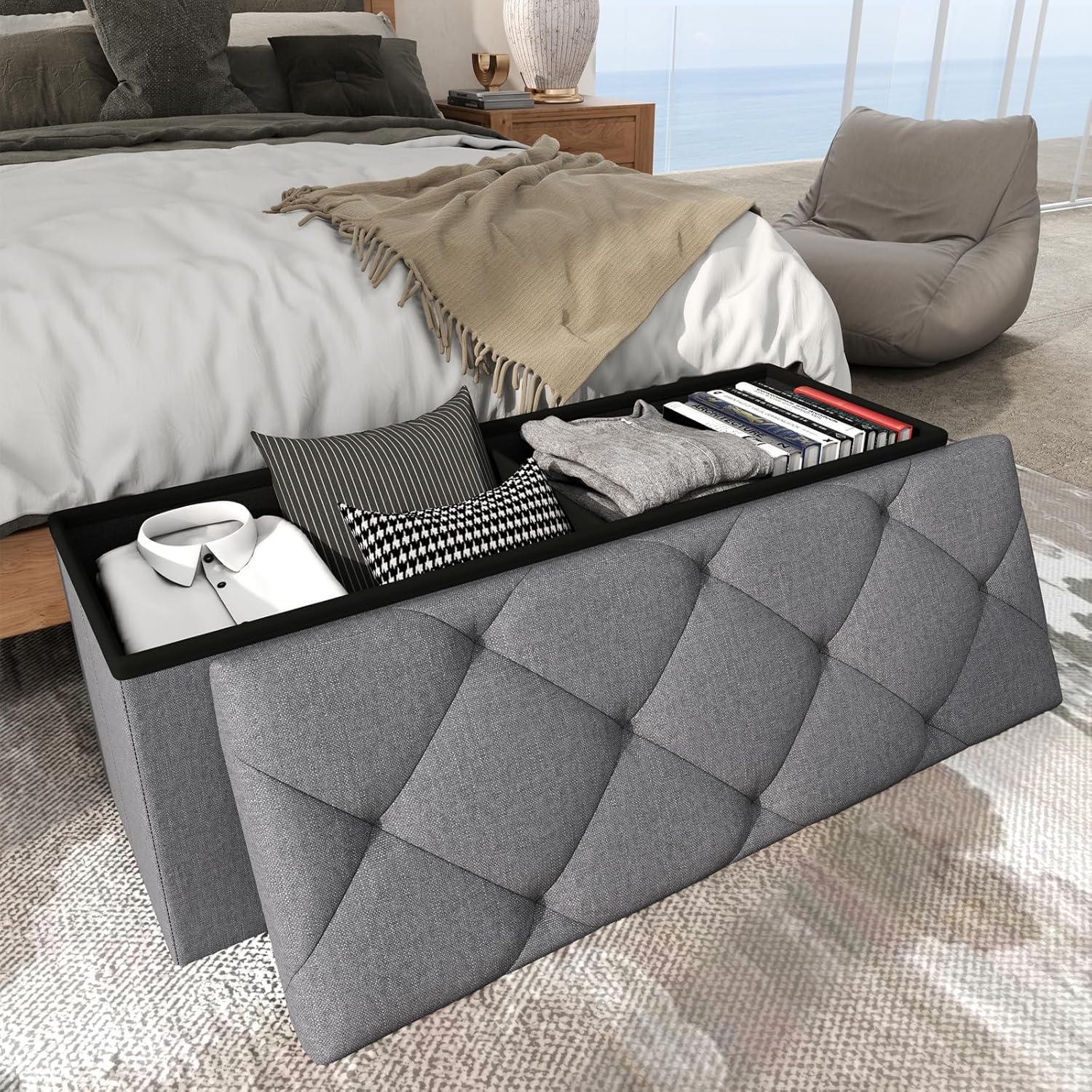 Folding Ottoman with Storage Bench,Storage Ottoman Bench,30 Inches Ottoman Foot Rest,End of Bed Bench,Support 660LBS Foot Rest Stool for Living Room,Bedroom,Home Office,Dark Gray（30Wx15Dx15H