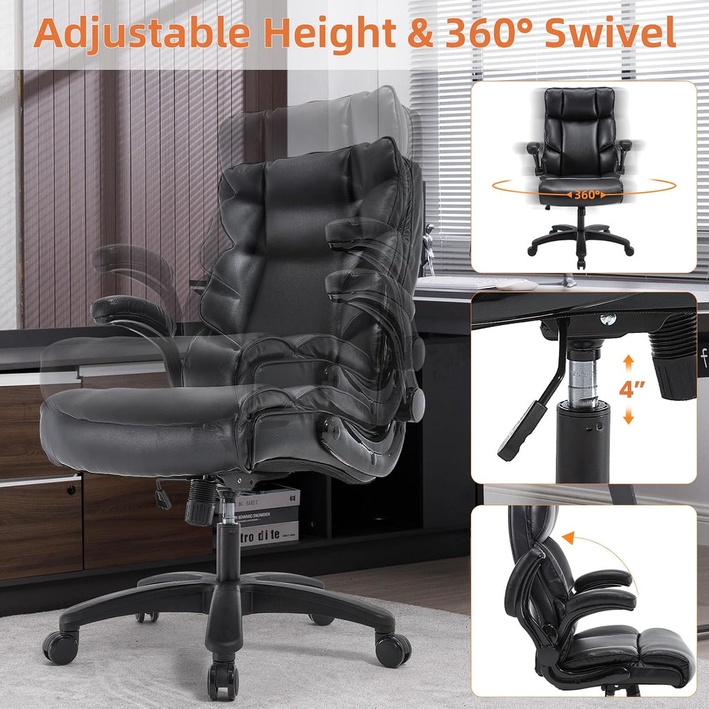 ESTRUCO Big and Tall Office Chair 500lbs Wide Seat Executive Office Desk Chair High Back Computer Gaming Chair,Flip-Up Armrest,Lumbar Support Computer Chair for Heavy People(Brown,Classical)