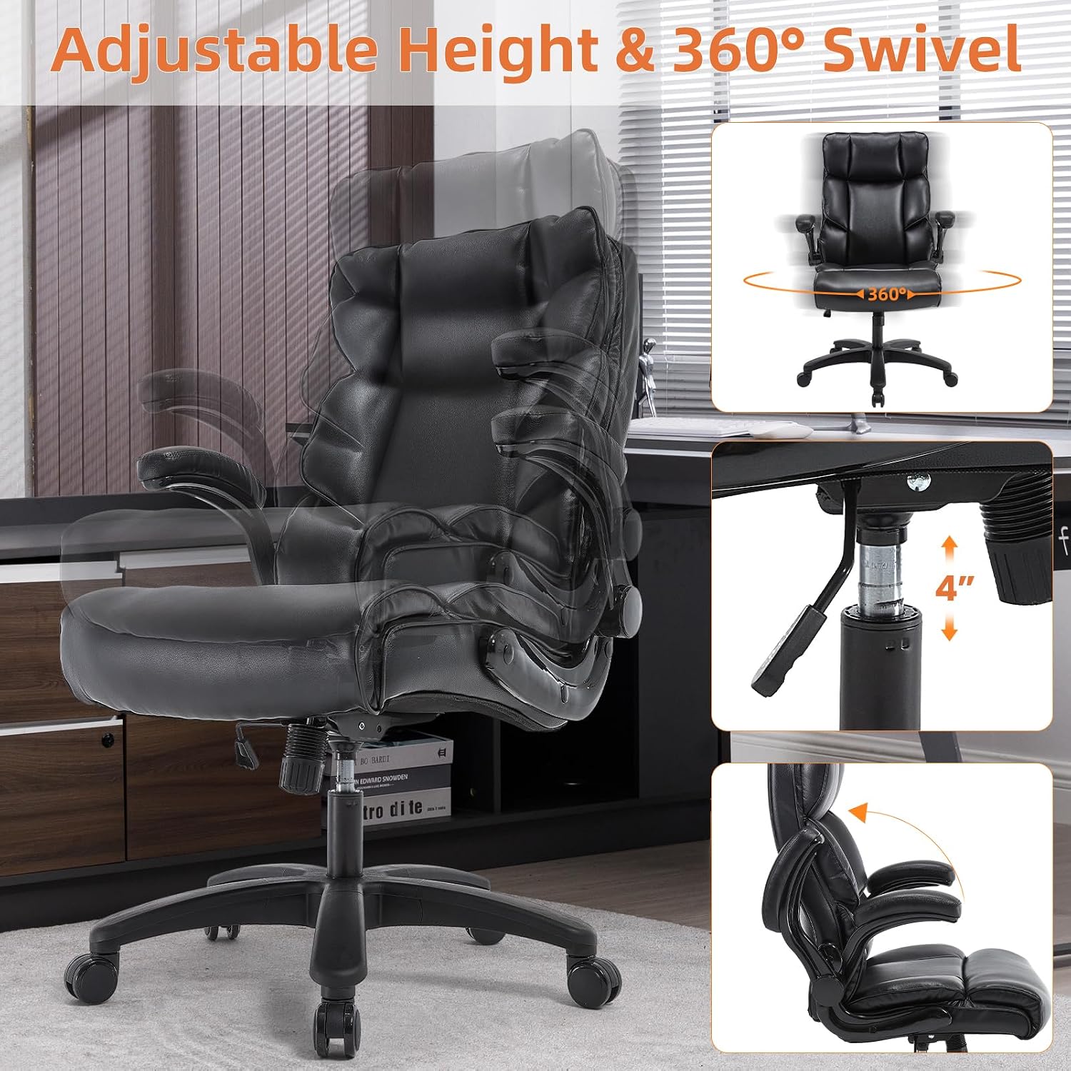 ESTRUCO Big and Tall Office Chair 500lbs Wide Seat Executive Office Desk Chair High Back Computer Gaming Chair,Flip-Up Armrest,Lumbar Support Computer Chair for Heavy People(Brown,Classical)