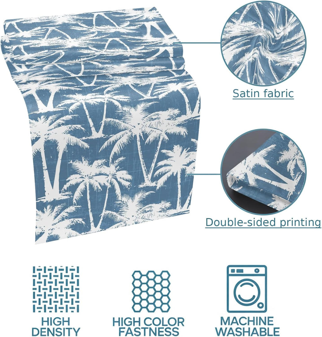 Blue Palm Tree Bed Runners for Twin Size Bed, Summer Tropical Coastal Nautical Beach Silver Tree Leaf Bedding Scarf for Home Hotel Decorations, 71''x20''