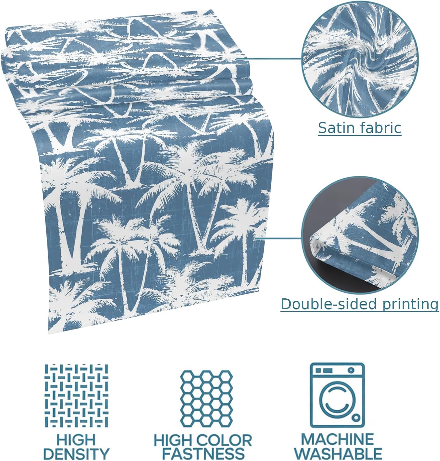 Blue Palm Tree Bed Runners for Twin Size Bed, Summer Tropical Coastal Nautical Beach Silver Tree Leaf Bedding Scarf for Home Hotel Decorations, 71''x20''