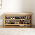 2 Tier Shoe Rack Bench with Cushion, Rubberwood Shoe Benches, Mid-Century Modern Shoe Storage Bench for Entryway, Hallway, Living Room, Closet, Front Door Entrance, Light Brown
